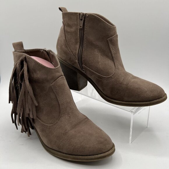Faded Glory Women 9 Brown Fringe Faux Suede Zip Heel Ankle Boots Western Cowgirl - Picture 3 of 16